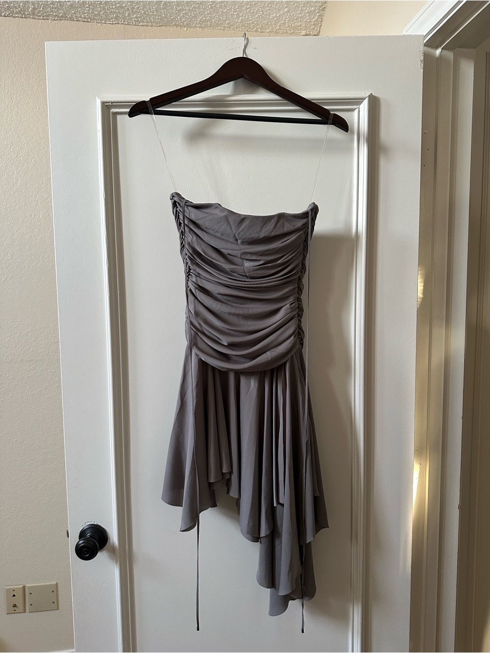 House of CB Strapless Ruched Midi Dress in Gray